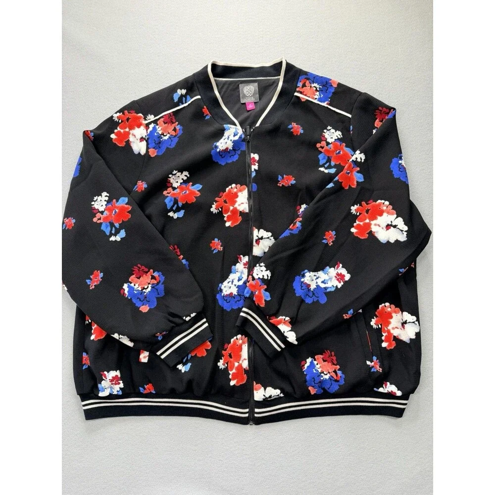 Vince Camuto 3X Plus Size Floral Bomber Jacket Black Zip Front Women’s